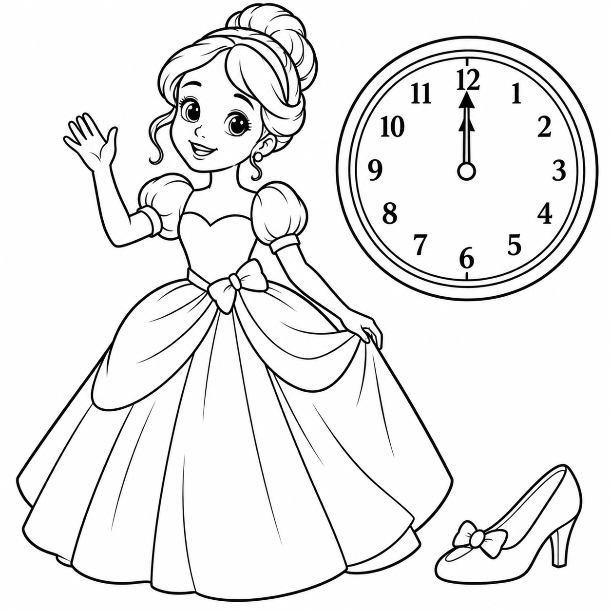 Racing Home at Midnight coloring page with a girl hurrying down steps as a clock shows midnight and a slipper is left behind